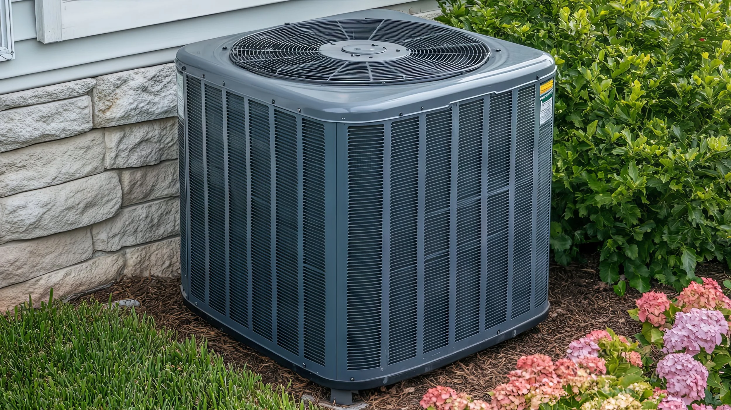 An outdoor air conditioning unit placed on a patch of mulch next to a house with beige stone siding and surrounded by green bushes and pink hydrangea flowers.