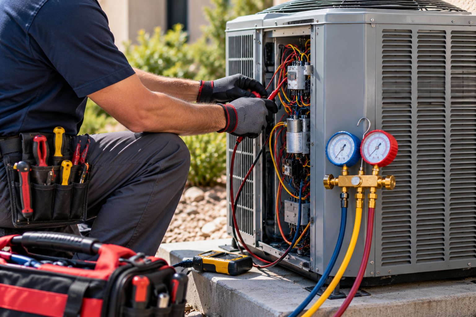 HVAC technician performing air conditioning repair and maintenance on a residential AC unit.