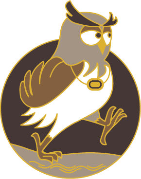 Cartoon owl with glasses sitting on a branch surrounded by a dark circle
