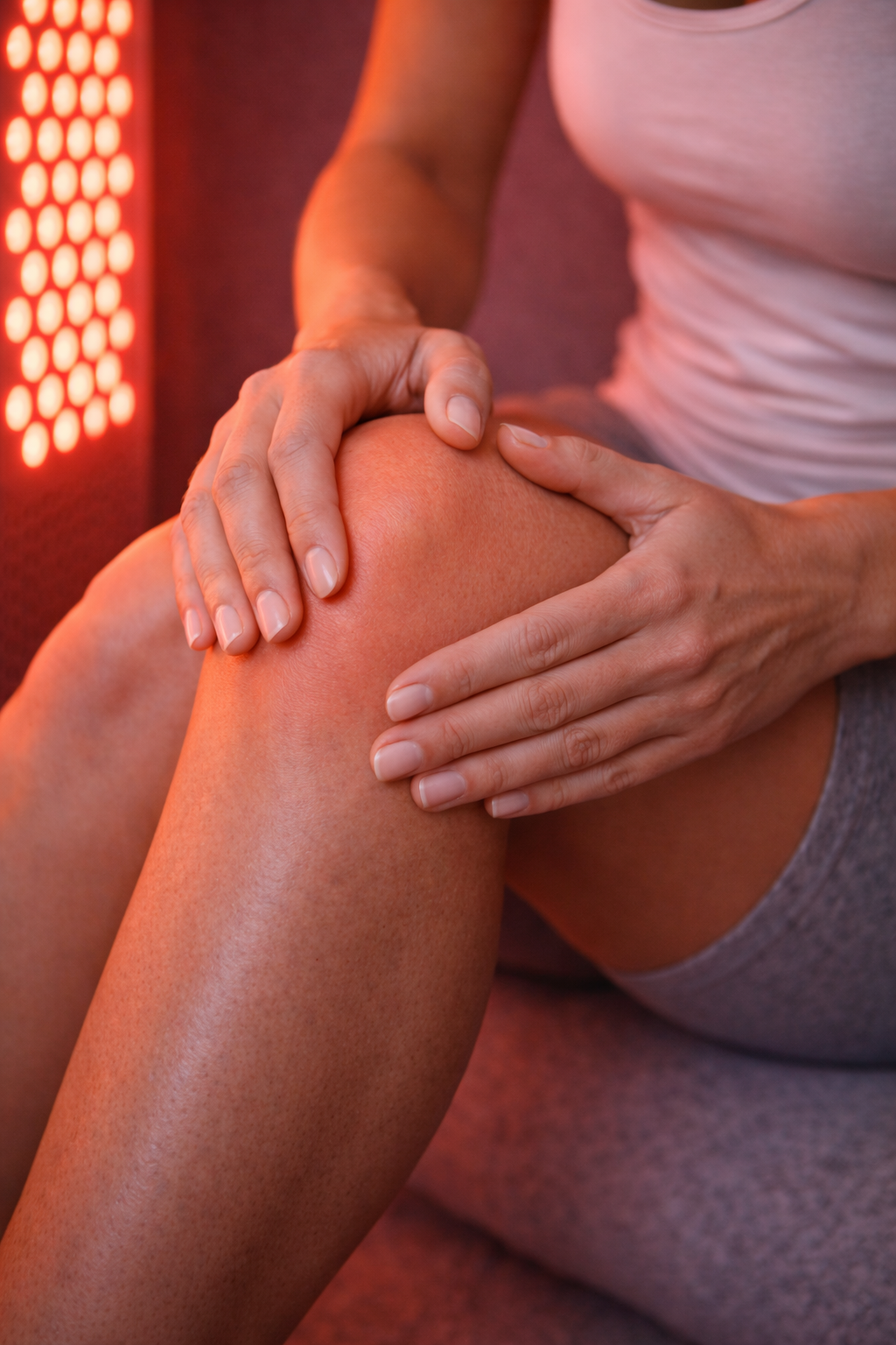 A person receiving physical therapy, with hands applying pressure to the knee while covered in a red glow from a red light therapy panel.