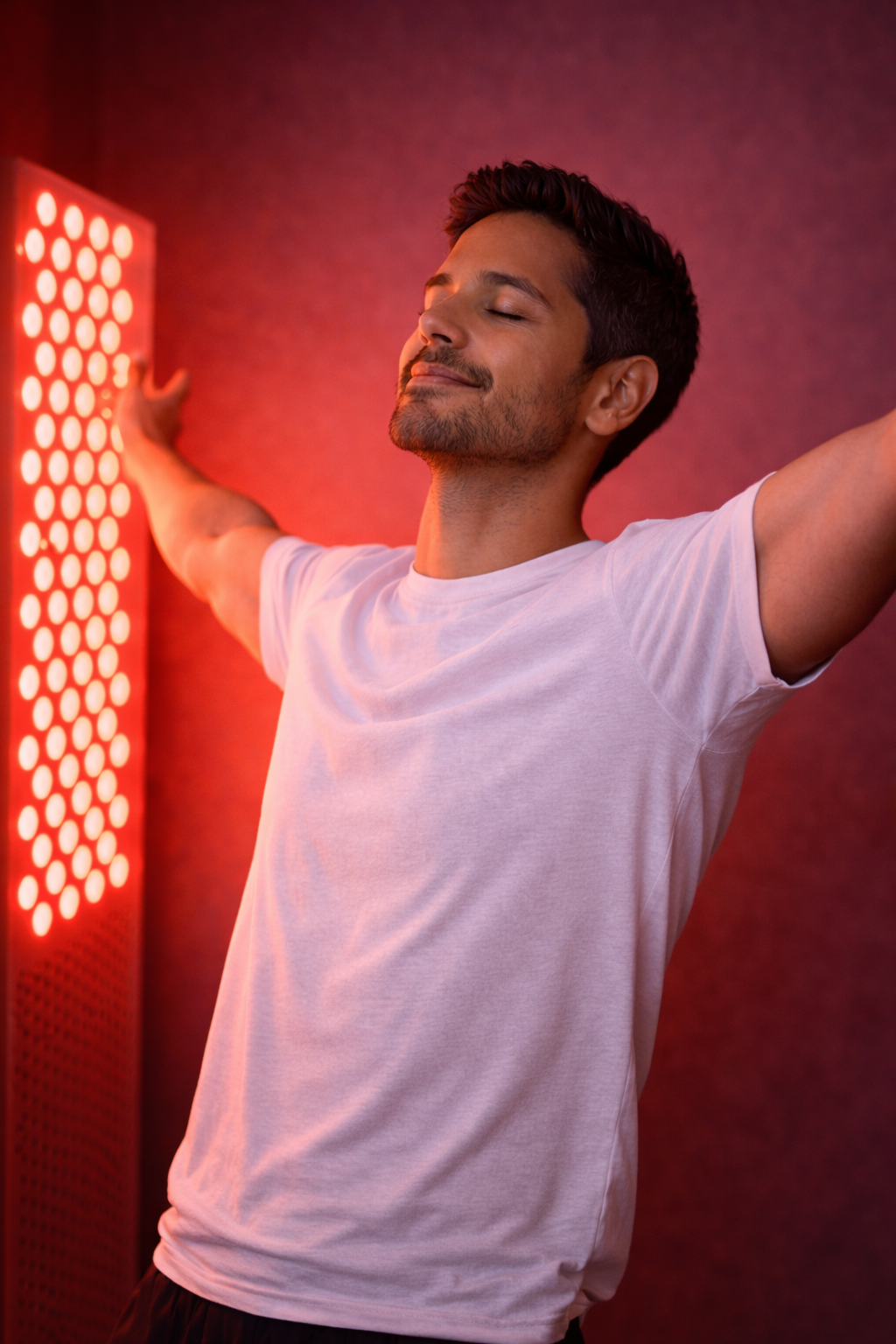 A man with closed eyes and a slight smile stretches his arms out, standing next to a red light therapy panel.
