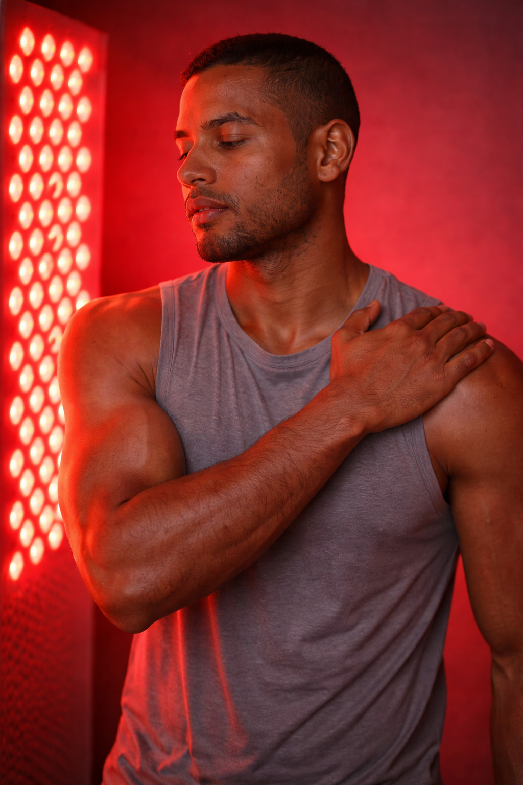 A man in a gray sleeveless shirt touching his left shoulder with his right hand, standing in front of a red light therapy panel.