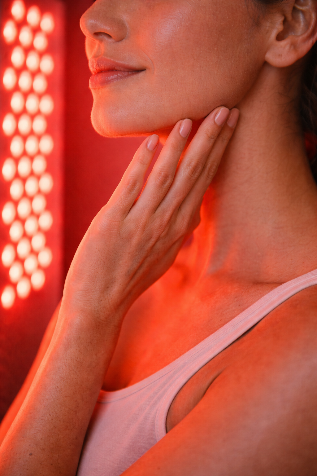 Close-up of a woman touching her chin with her hand, with her lips slightly pressed together, surrounded by the glow of a red light therapy panel.
