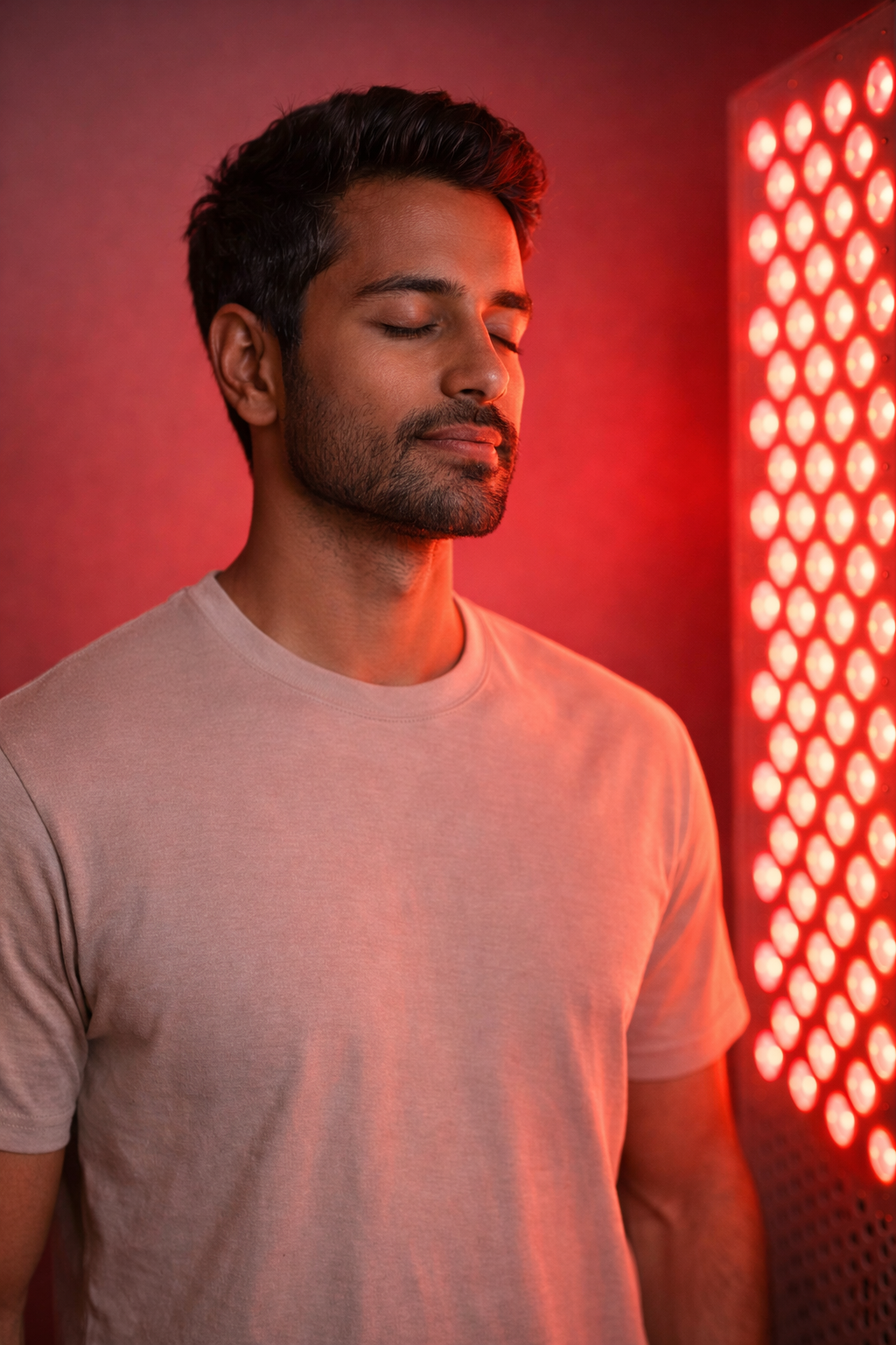 A young man with dark hair and a beard, eyes closed, standing in front of a red light therapy panel.