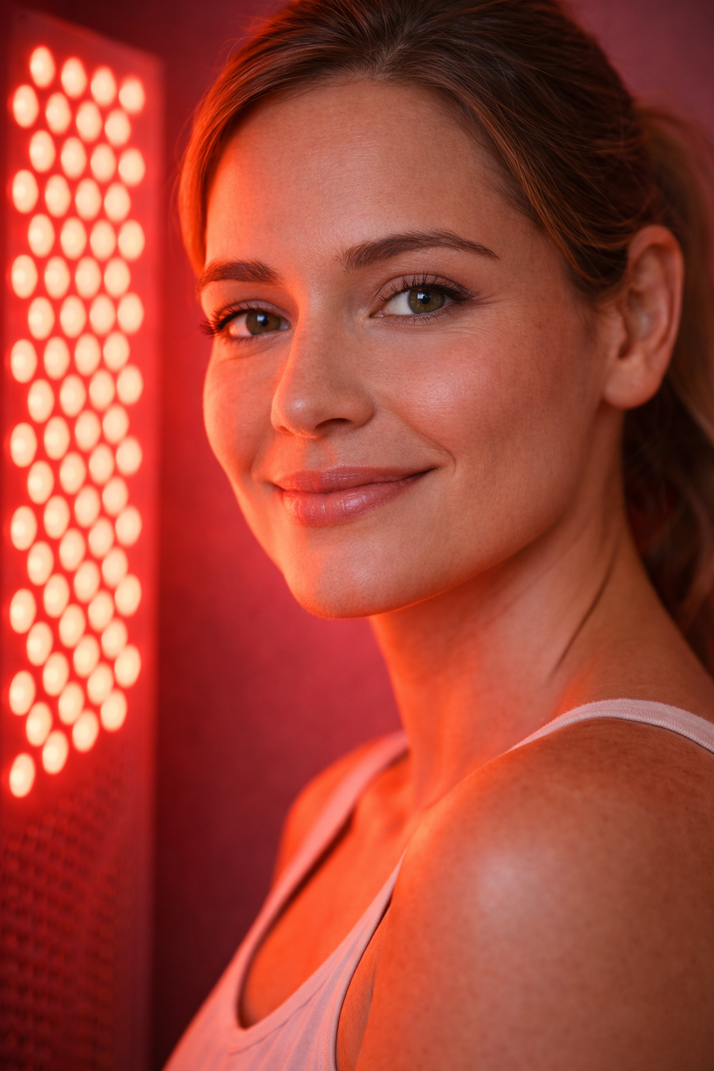 Close-up of a young woman smiling with brown hair and hazel eyes, wearing a white tank top, illuminated by a red light therapy panel.