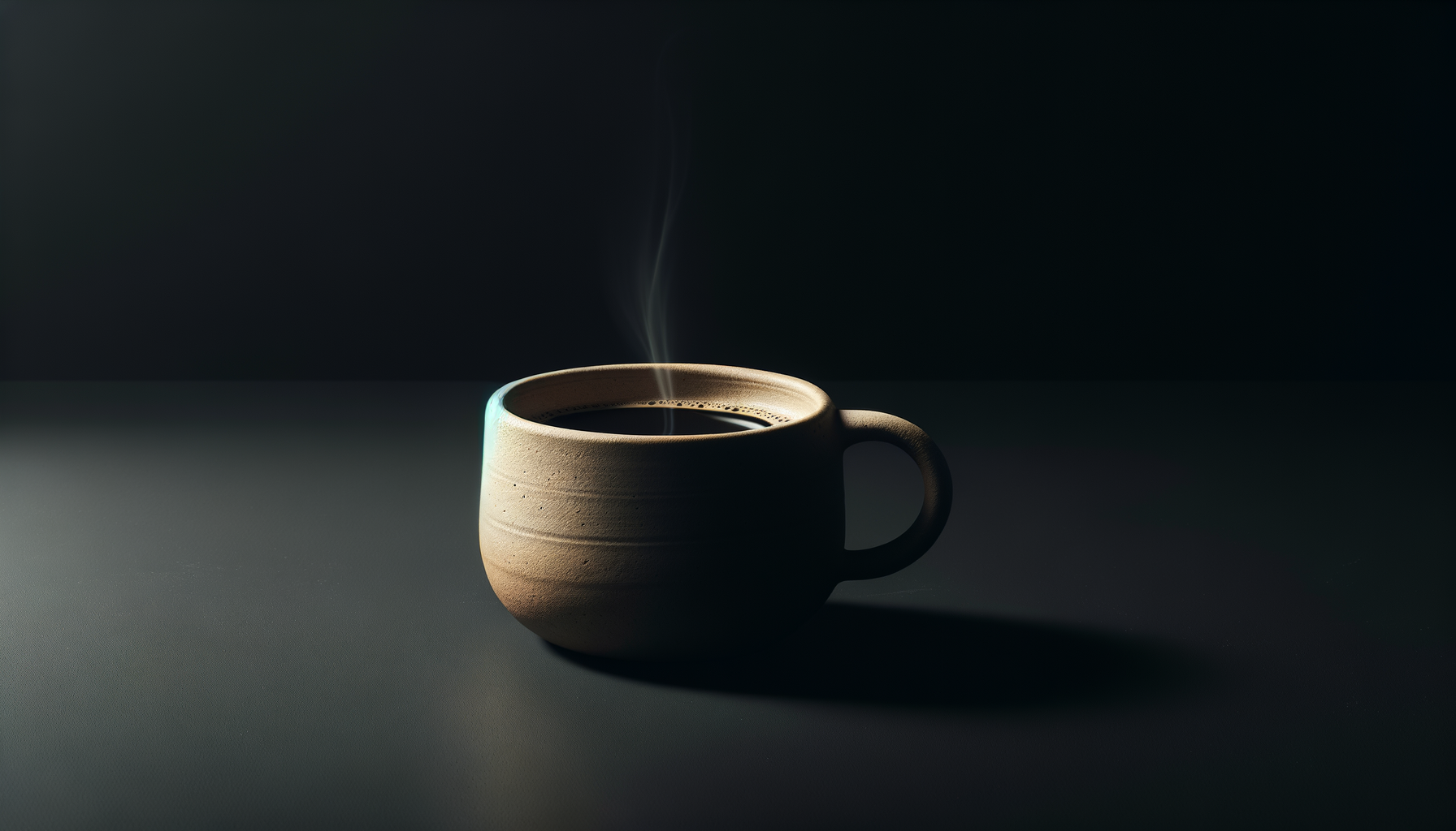 A ceramic mug filled with hot coffee, with steam rising, placed on a dark surface against a black background, with a soft light illuminating the mug from the left side.