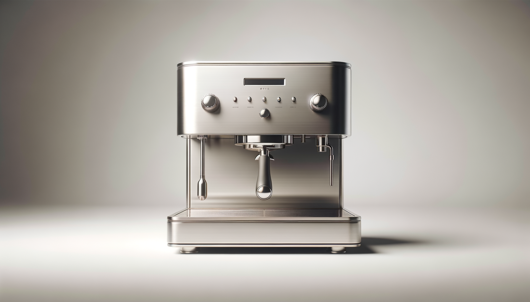 A modern stainless steel espresso machine with various control knobs and a portafilter, placed on a plain surface against a neutral background.