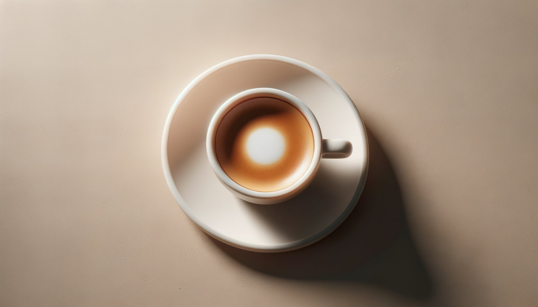Top view of a white coffee cup filled with coffee on a matching saucer, casting a shadow on a beige surface.