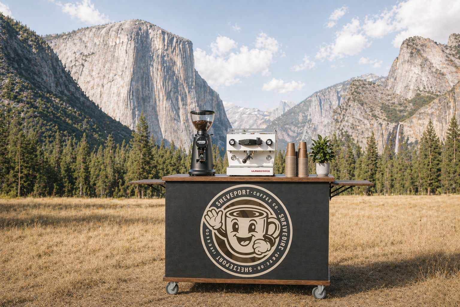 An outdoor coffee stand set up in a field with a mountain range in the background. The stand has a logo featuring a smiling coffee cup giving a thumbs-up, along with coffee equipment including a grinder, espresso machine, cups, and a potted plant.