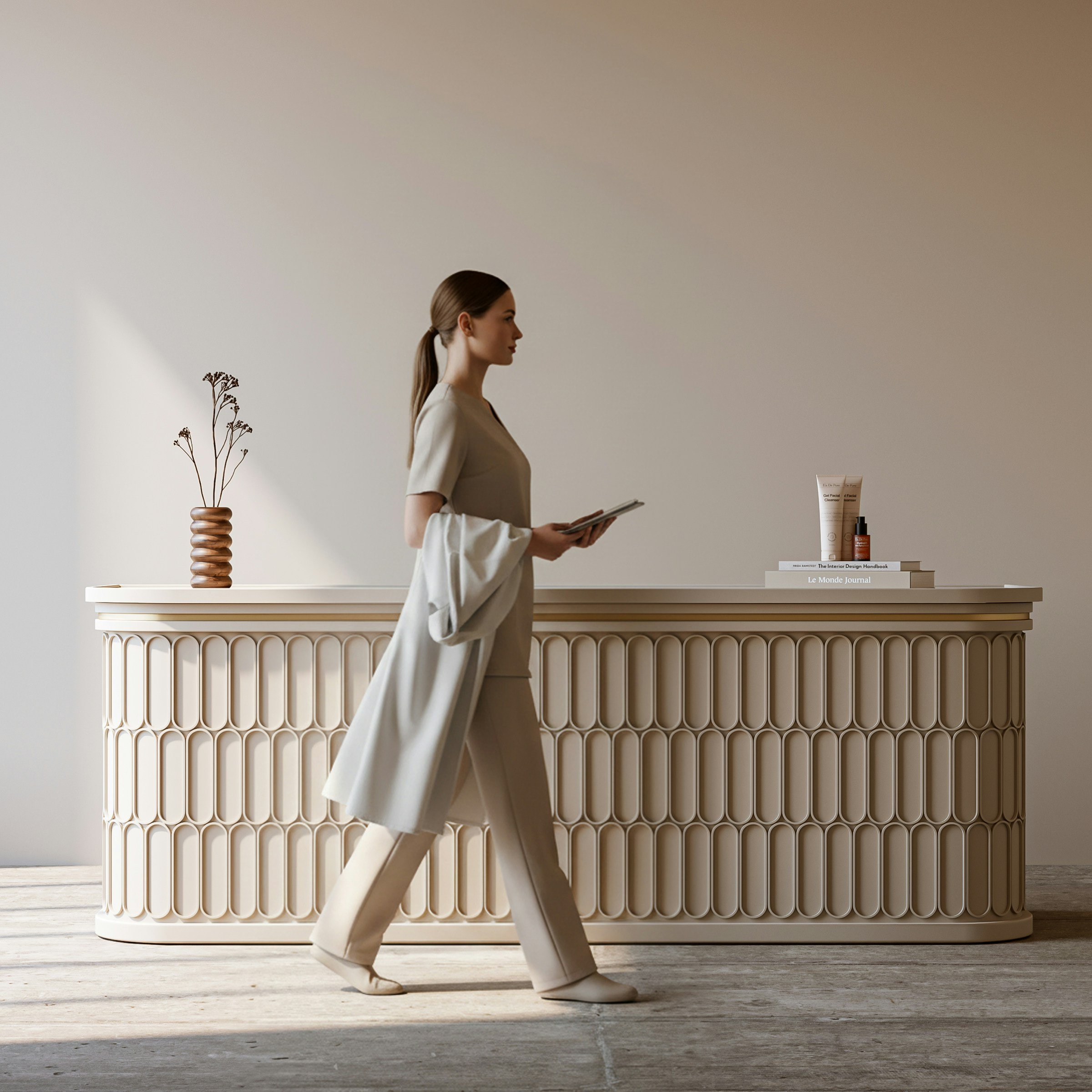 A woman in a beige dress holding a magazine standing beside a modern white console table with decorative items, including a tall vase with dried branches, stacked books, and skincare products, against a plain wall.