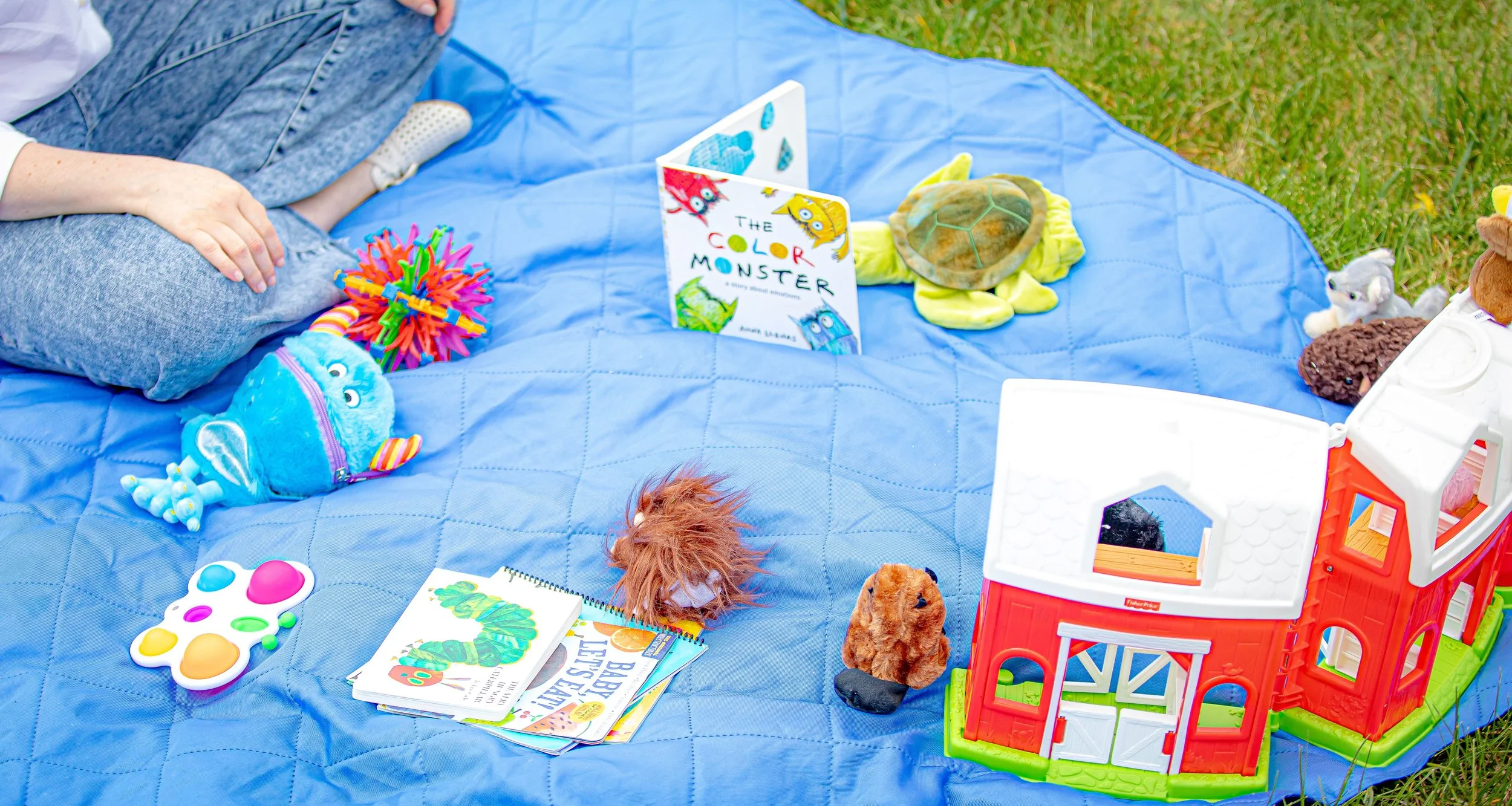 A blue blanket spread on grass with children's toys, books, stuffed animals, and a book titled 'The Color Monster.' There is a plastic turtle, a toy house, and other colorful toys on the blanket.