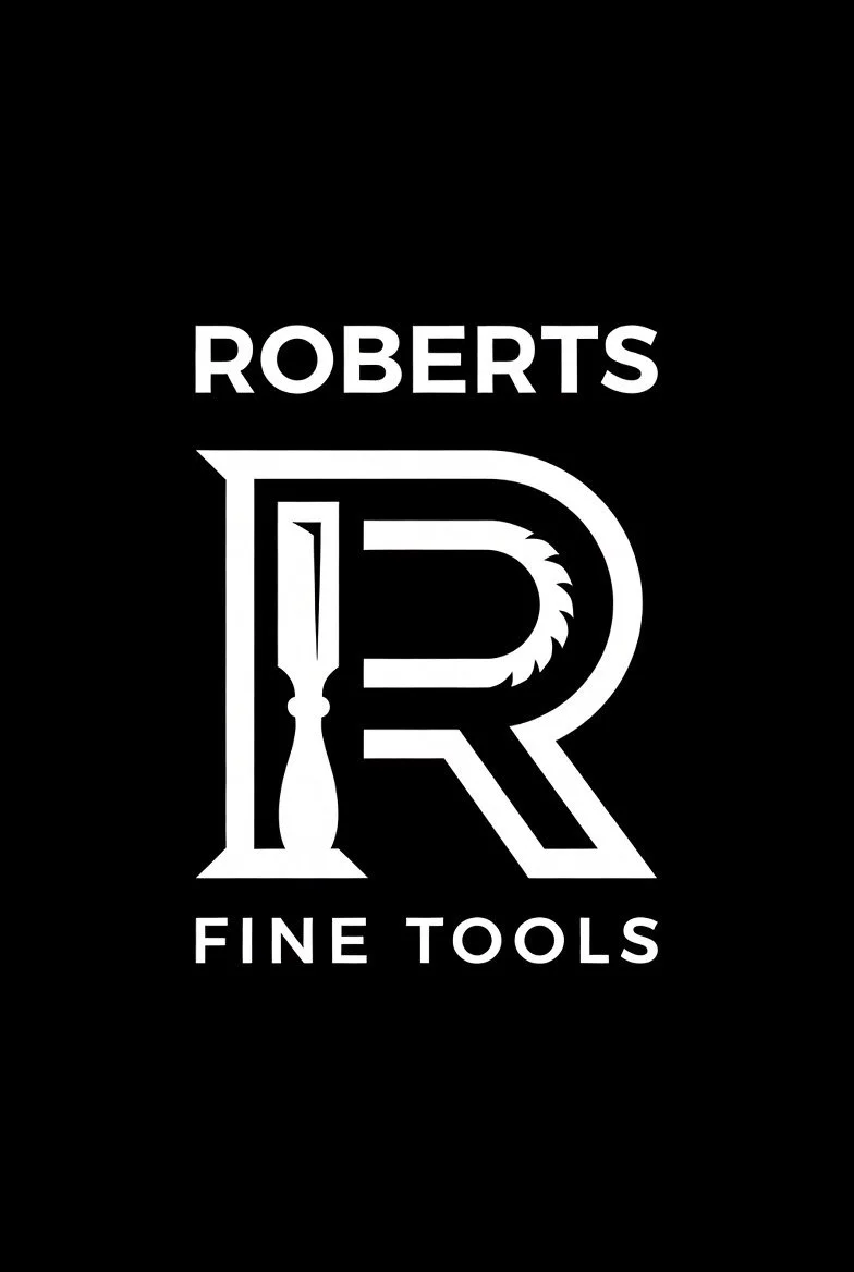 Logo for Roberts Fine Tools with a stylized letter R that incorporates a saw blade and a chisel.