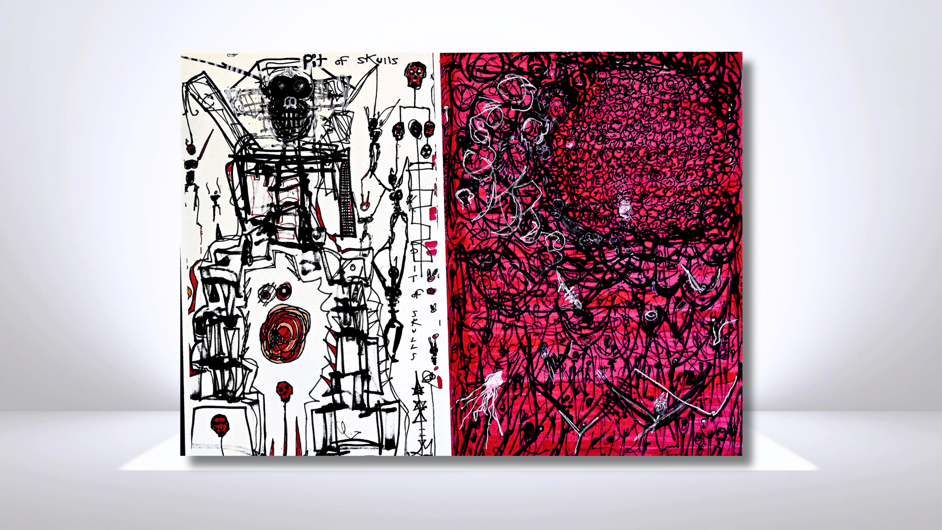 Two abstract paintings, one with black lines and red details on a white background, and the other with black swirling lines and pink background.