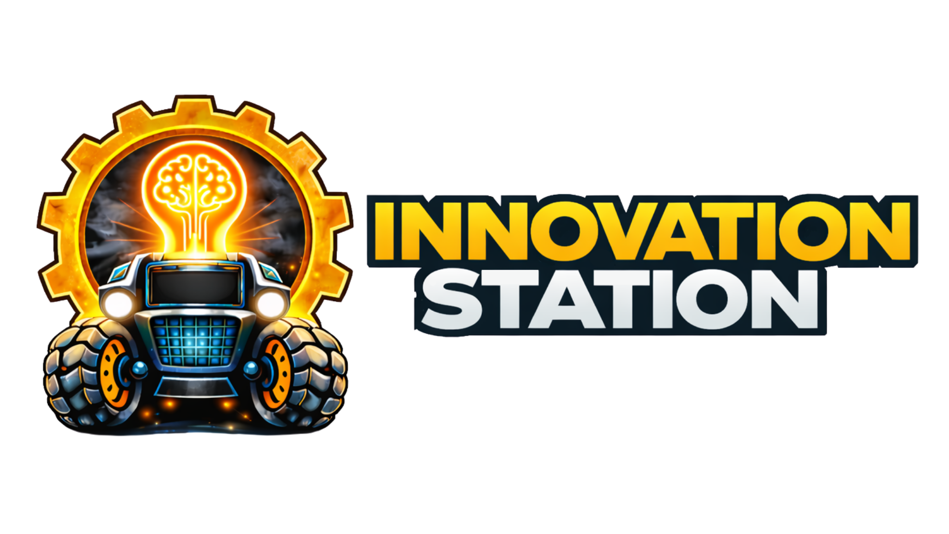 A logo featuring a small futuristic robot with large tires and a glowing light bulb with a brain inside as its head, surrounded by a gear. To the right, the text reads 'Innovation Station' in bold, colorful letters.