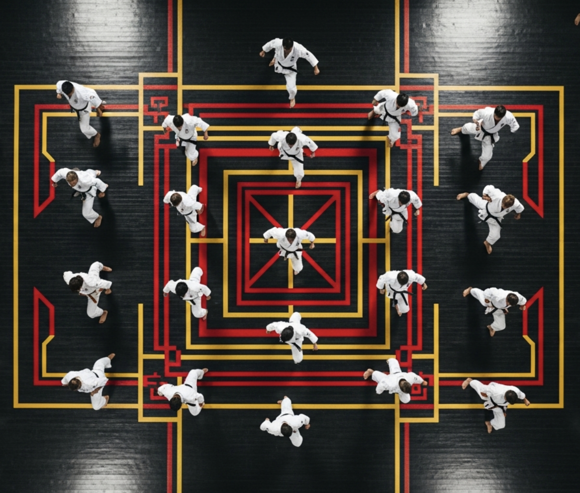 Martial artists practicing in a dojo with geometric red and yellow lines on the floor