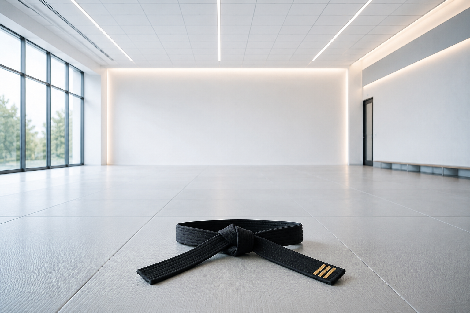 A black martial arts belt lies on a light-colored dojo floor in a spacious, modern training room with large windows and white walls.