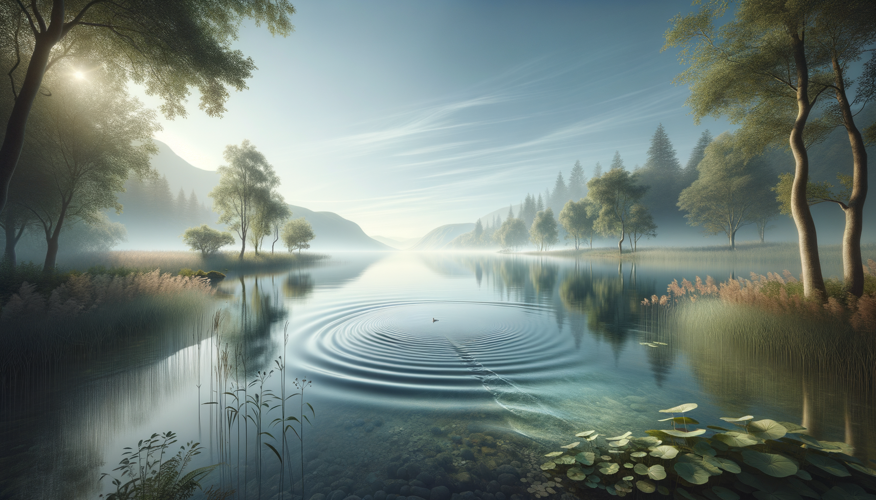 Serene landscape of a misty lake surrounded by green trees, with a duck creating ripples on the water, mountains in the distance, and soft sunlight filtering through the sky.