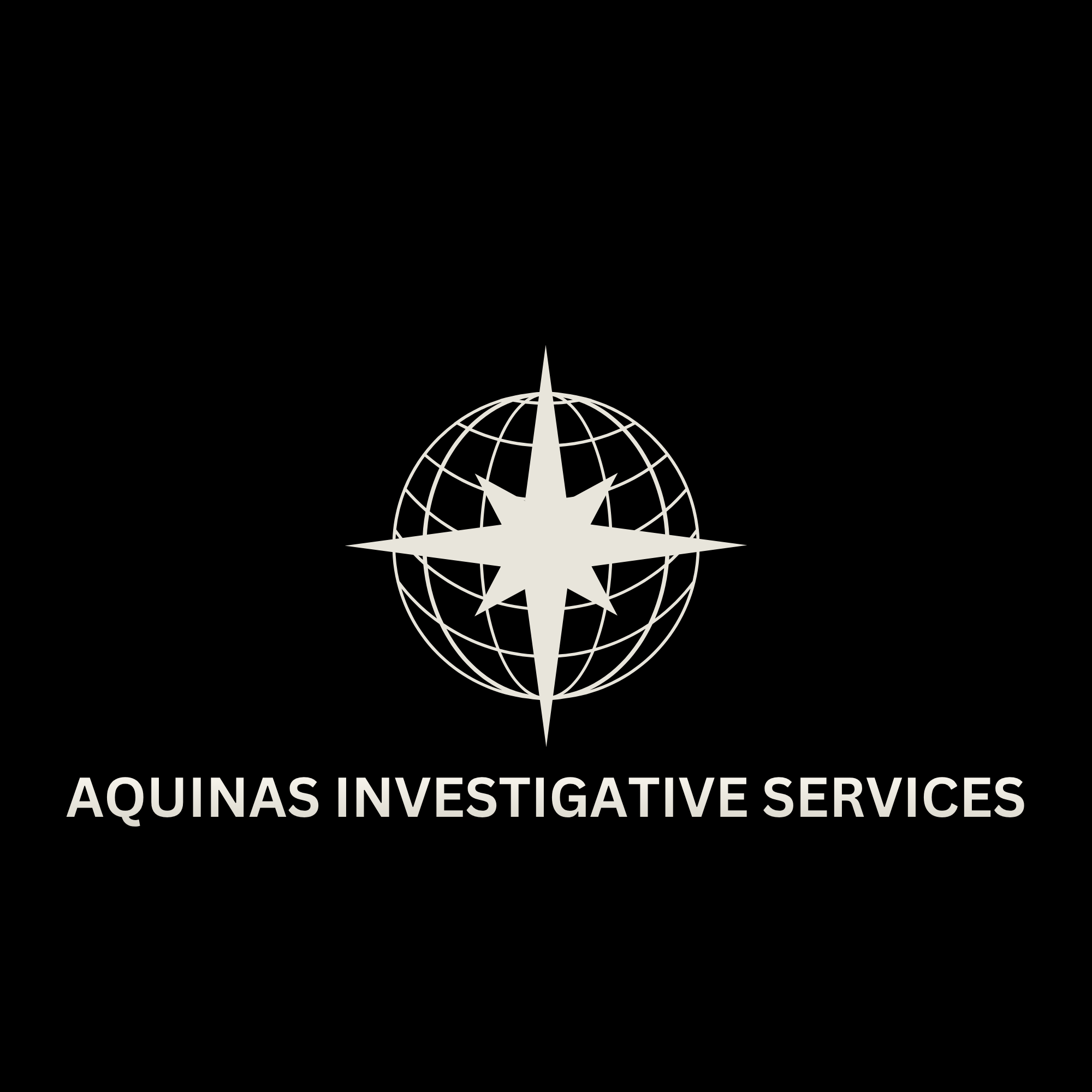 Logo with a globe and a star-like compass rose in gray and black, with text 'Aquinas Investigative Services' underneath.