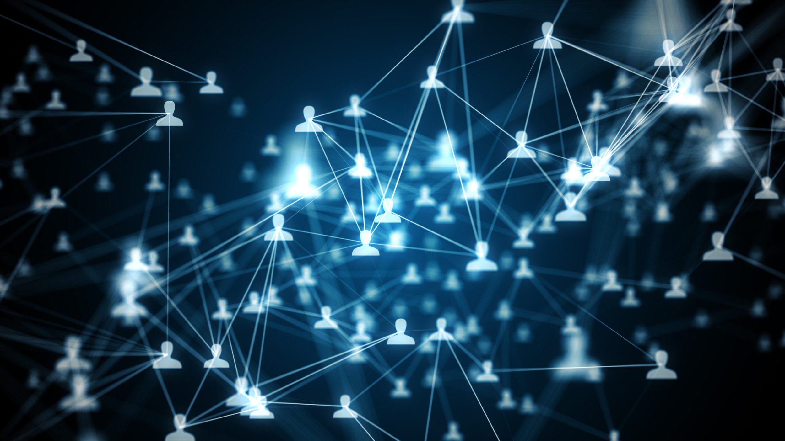 Digital illustration of a network of interconnected glowing human icons against a dark background, representing social or digital connections.