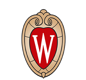 A shield-shaped emblem with a red background and a large white letter 'W' in the center, surrounded by a decorative beige border.