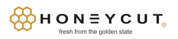 Honey Cut logo with honeycomb icon and tagline 'fresh from the golden state'.