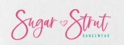 Pink handwritten text reading 'Sugar & Strut' with a small heart between the words, and 'DANCEWEAR' below.