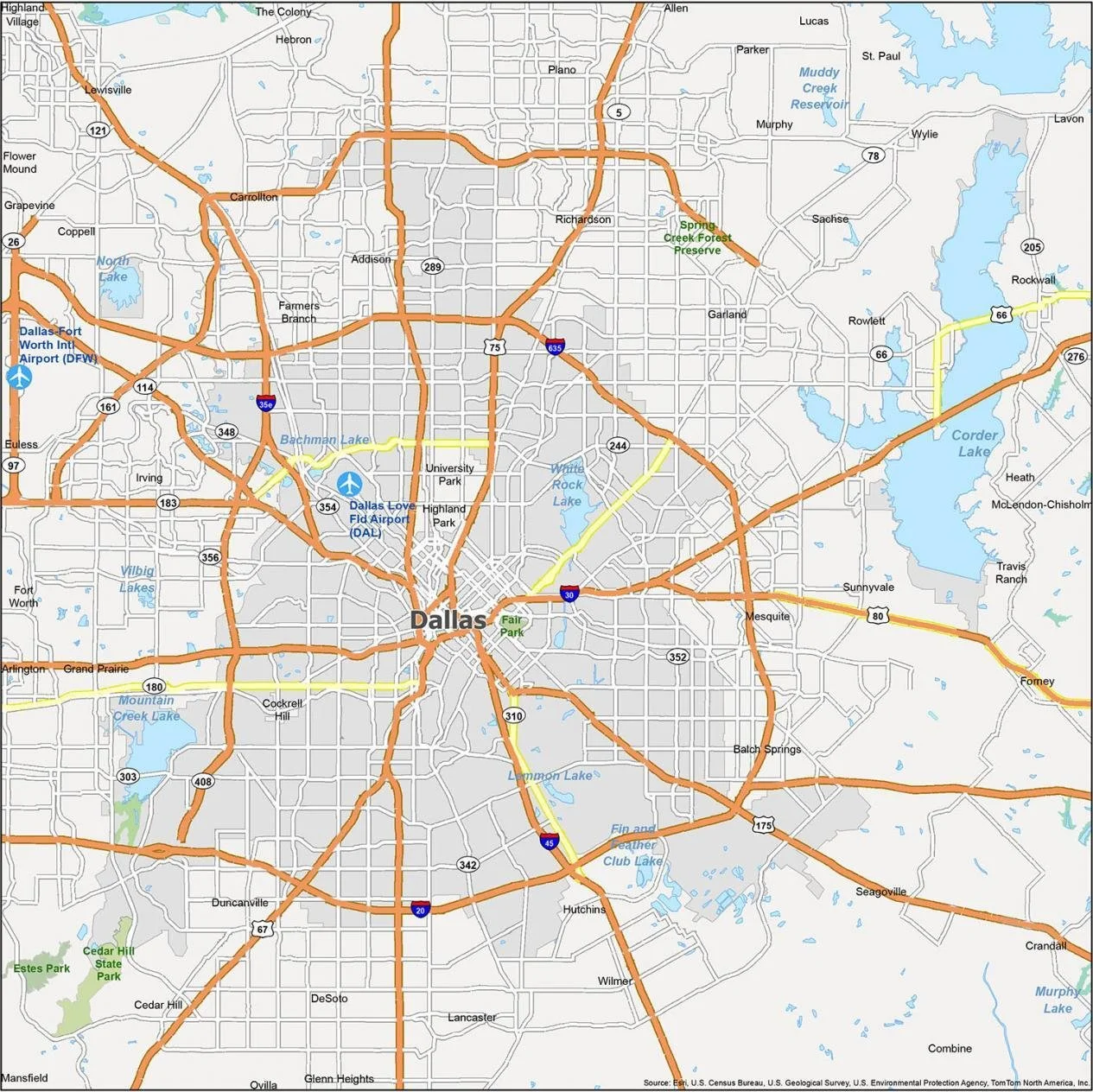 Map of Dallas, Texas with highways, lakes, parks, and airport icons.