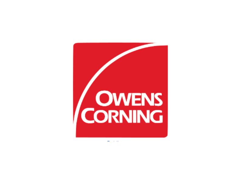 OWENS CORNING logo with a red square background, black curved line and black text.