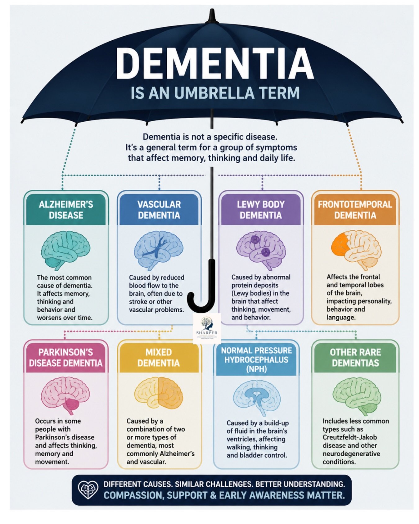 DID YOU KNOW Dementia is not one disease.

It&rsquo;s an umbrella term for a group of conditions that affect memory, thinking, and daily life.

Alzheimer&rsquo;s. Vascular dementia. Lewy body. Frontotemporal. And more.

Different causes. Different sy