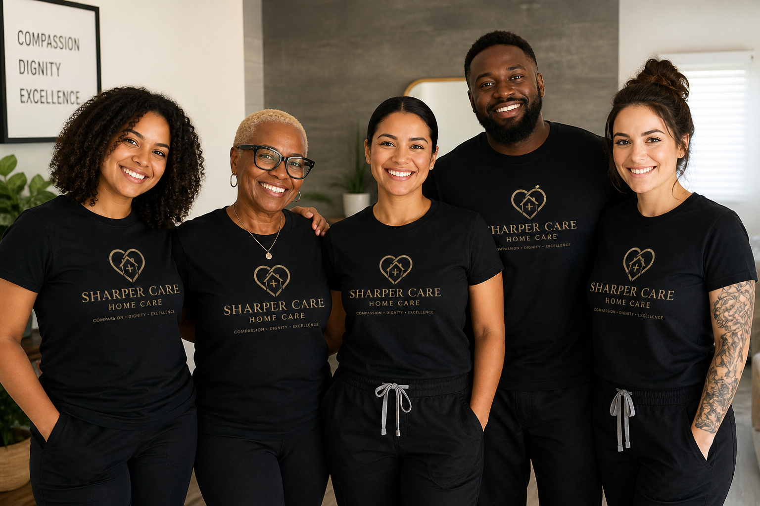 Group of five diverse people wearing black 'Sharper Care Home Care' shirts, smiling, standing indoors with a sign on the wall and plants in the background.