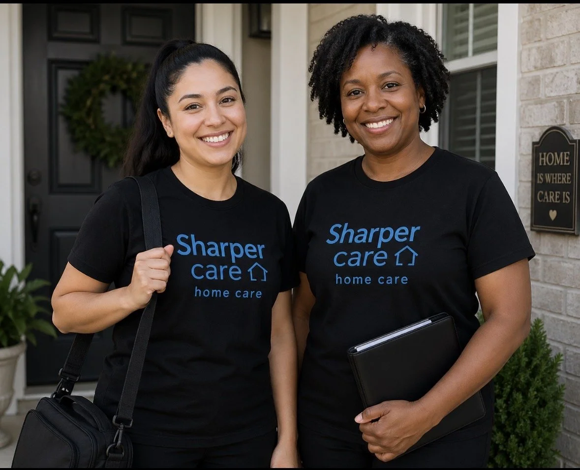 Two women standing outside a house, smiling and wearing matching black T-shirts with the text 'Sharper Care home care'. One woman has a black bag, and the other holds a black folder, with a wreath and a sign on the wall that says 'Home is where care is' in the background.