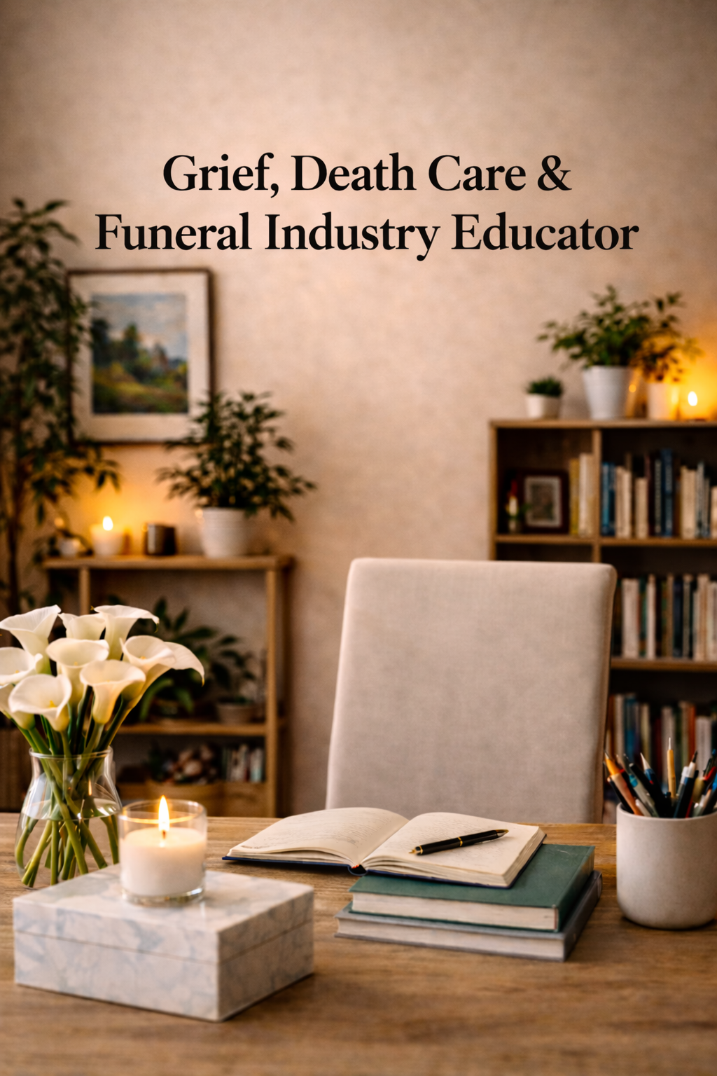 A cozy office or study with a wooden desk, white calla lilies in a glass vase, a lit candle on a marble block, an open notebook with a pen, and stacks of books. In the background, there are bookshelves, framed art, and potted plants, creating a warm, inviting atmosphere.