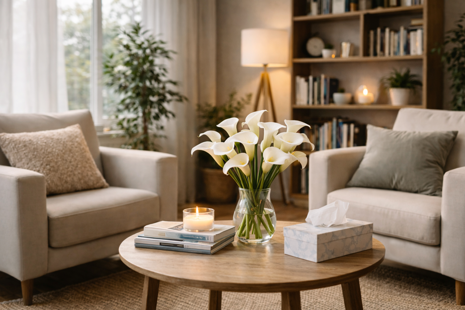 Living room with beige sofas, a round wooden coffee table with a lit candle, a vase of white calla lilies, books, tissue box, and a background of a bookshelf, lamp, and houseplants.