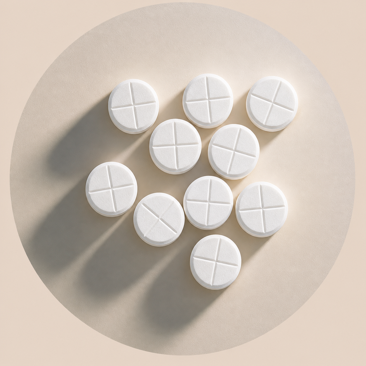 Multiple white round pills with a cross indentation on top, arranged on a beige surface with shadows.