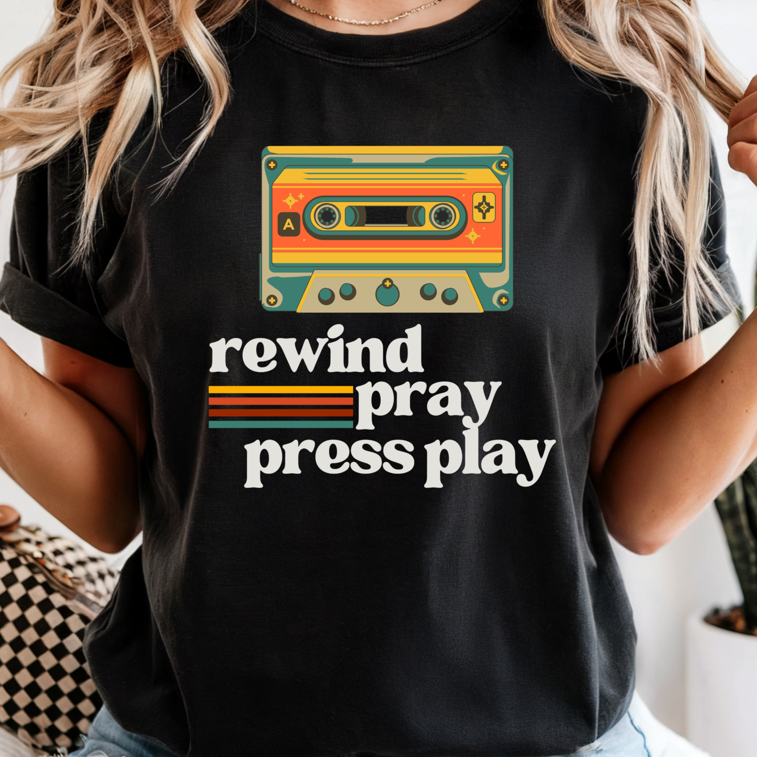 Rewind Pray Press Play T-Shirt, Christian Faith Graphic Tee
