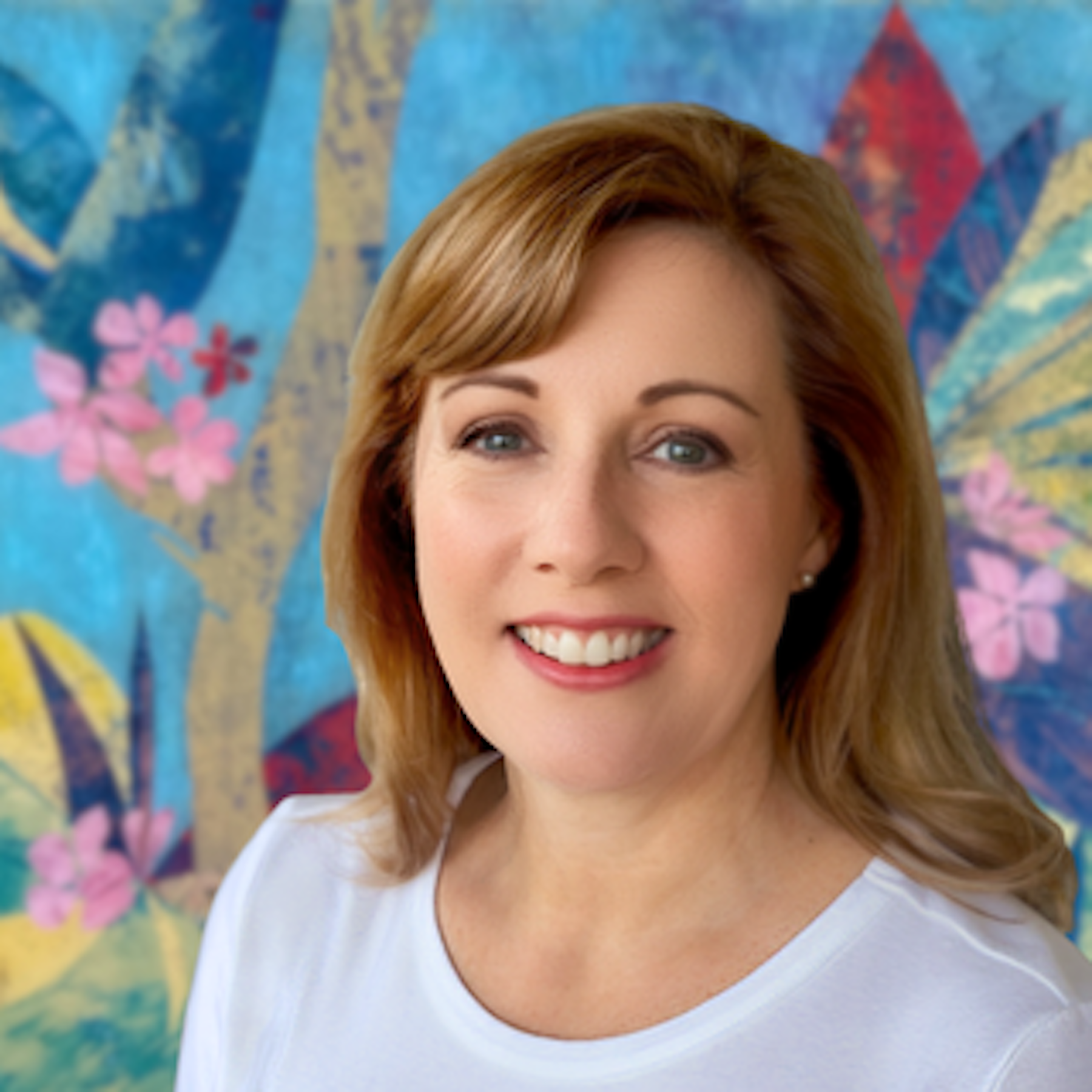 Portrait of artist Kelly Herring with an original botanical artwork.