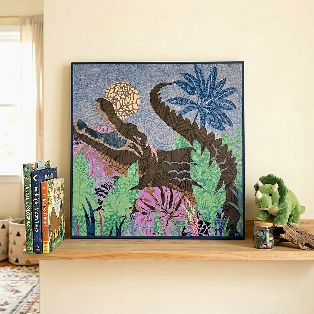 alligator collage art on childs playroom shelf.jpg