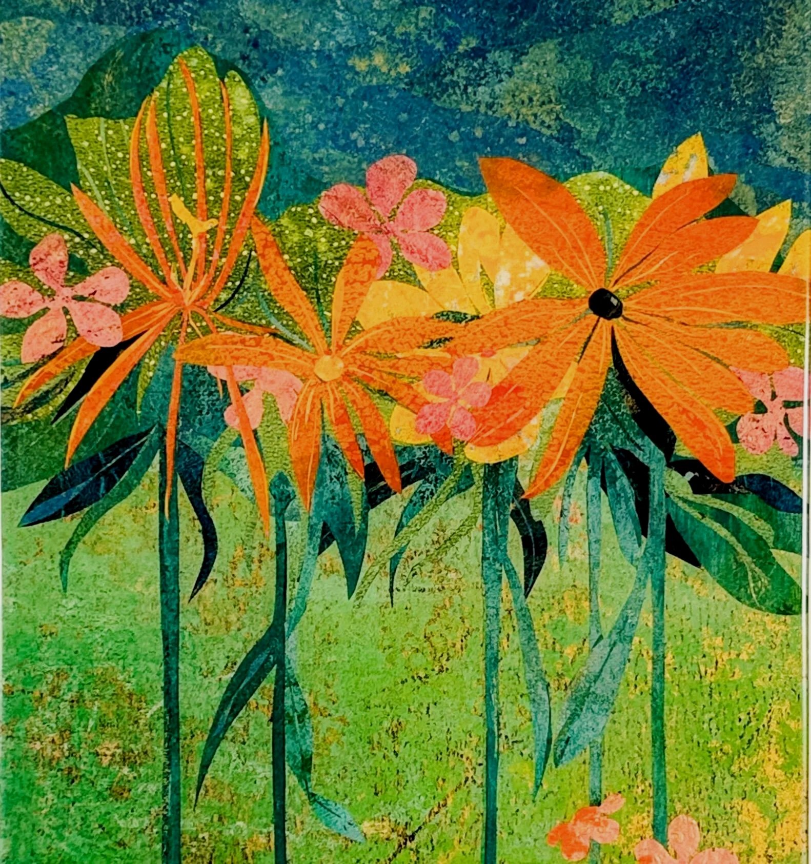 Colorful painting of orange flowers with green foliage and a blue sky background.