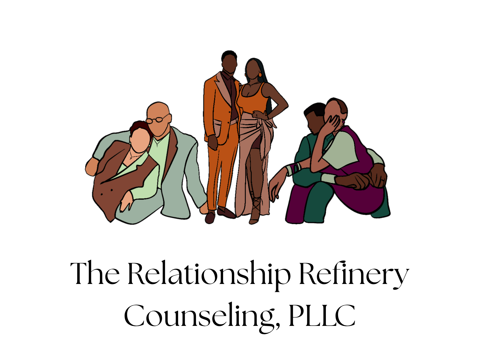 Four people, two men and two women, sitting and standing, engaged in conversation, with varied clothing styles and accessories.