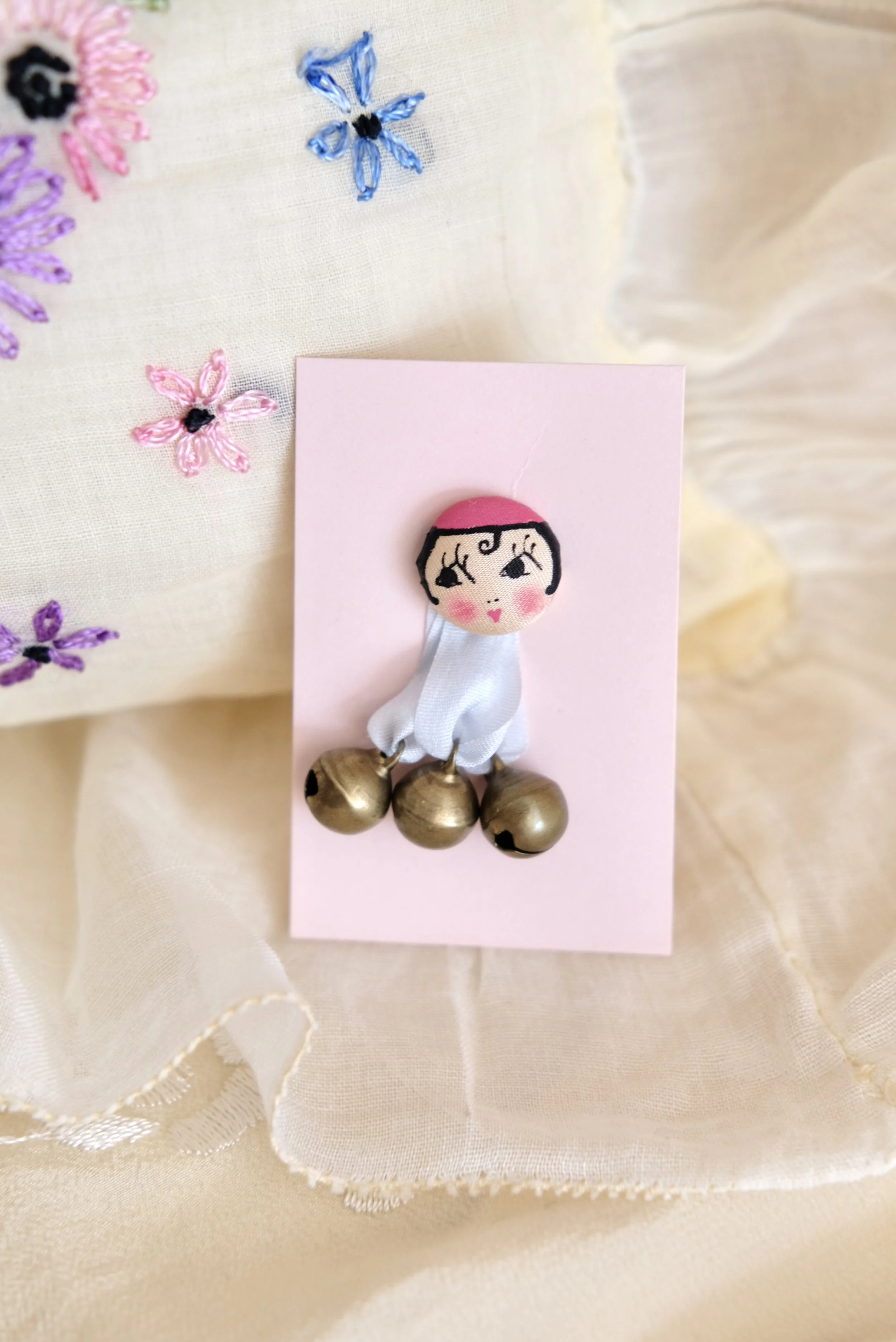 Handmade Silk Flapper Button with Bells Miniature