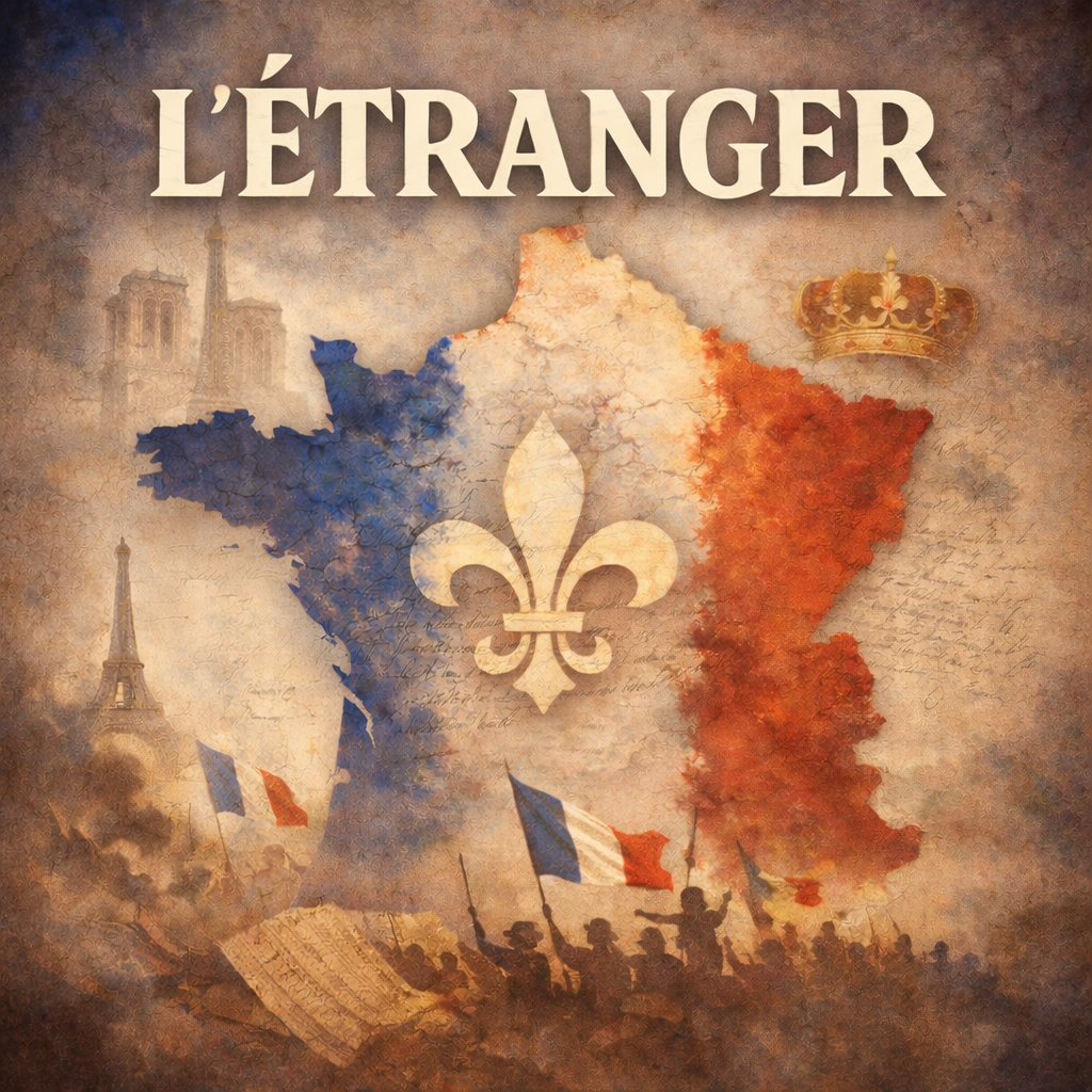 A digital collage featuring the map of France in red, white, and blue colors with French flags, silhouettes of soldiers, the Eiffel Tower, Notre-Dame Cathedral, and a crown. The word "L'ÉTRANGER" in large text is at the top, and a fleur-de-lis symbol is in the center.