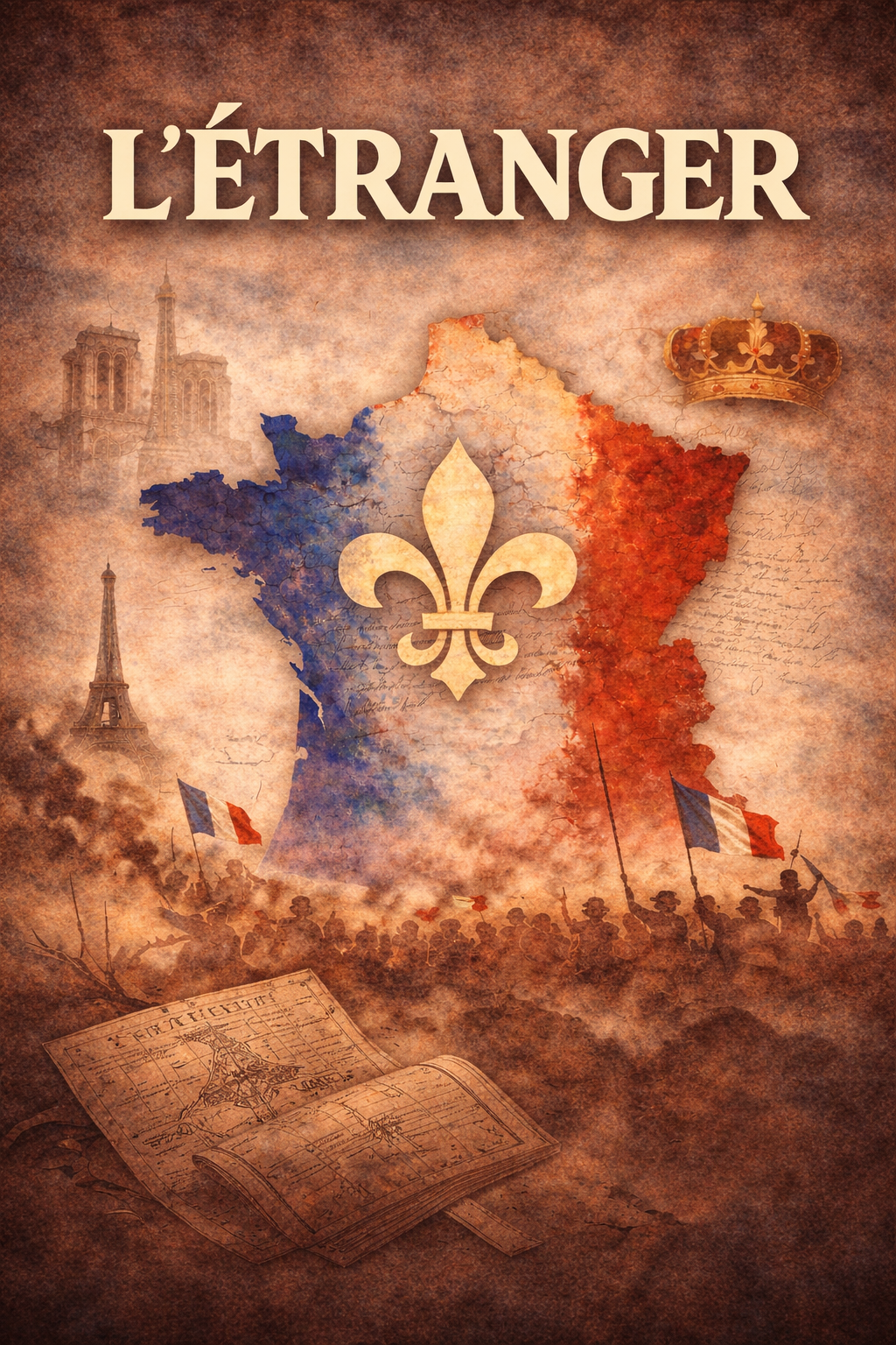 A vintage-style illustration of France with the French flag, the Eiffel Tower, a fleur-de-lis symbol, and a historical scene with soldiers. The word 'L'ÉTRANGER' is at the top.
