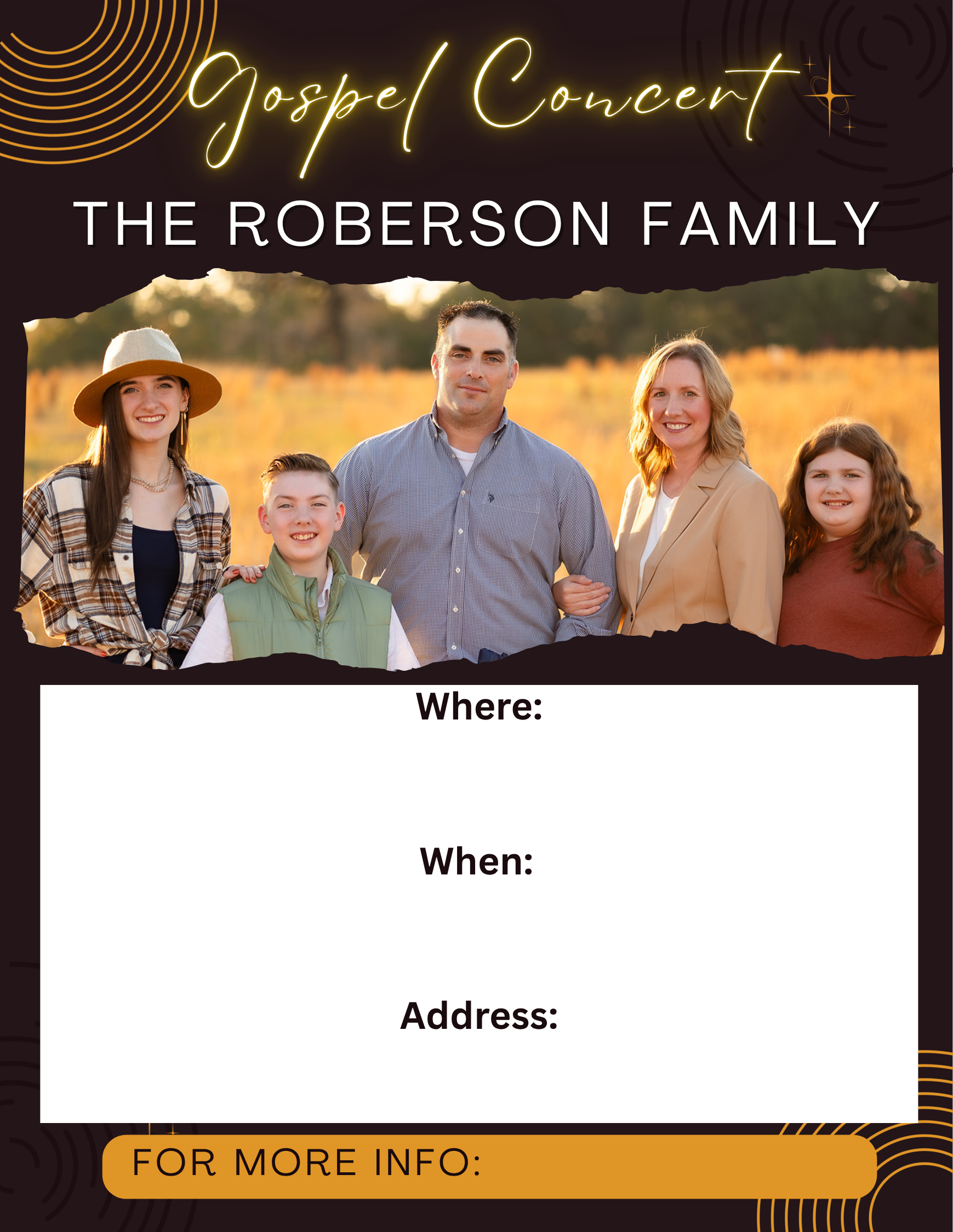 Gospel concert flyer featuring The Roberson Family, with text for the concert event details available for download.