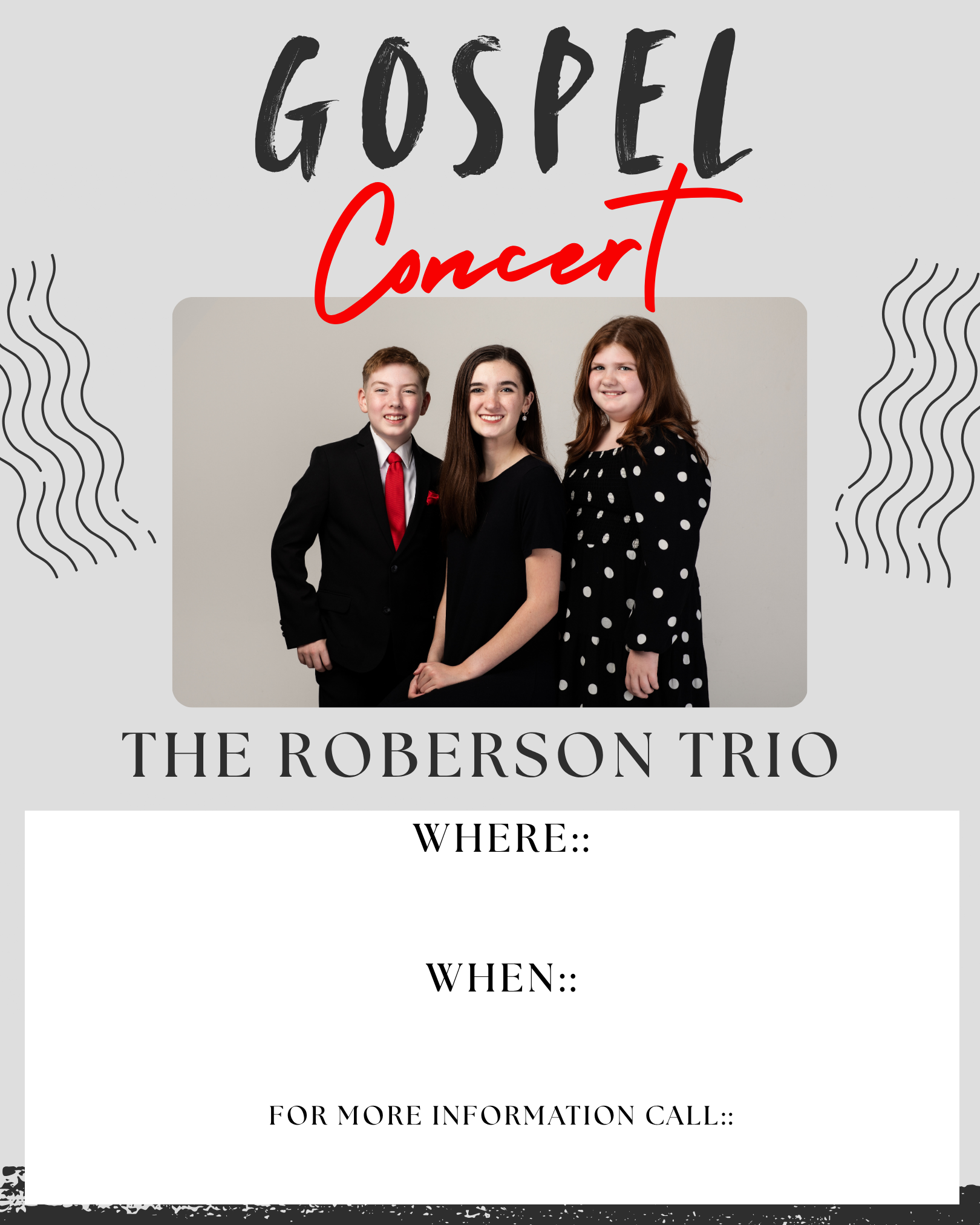 Flyer for a gospel concert featuring The Roberson Trio, with text for the concert event details available for download.