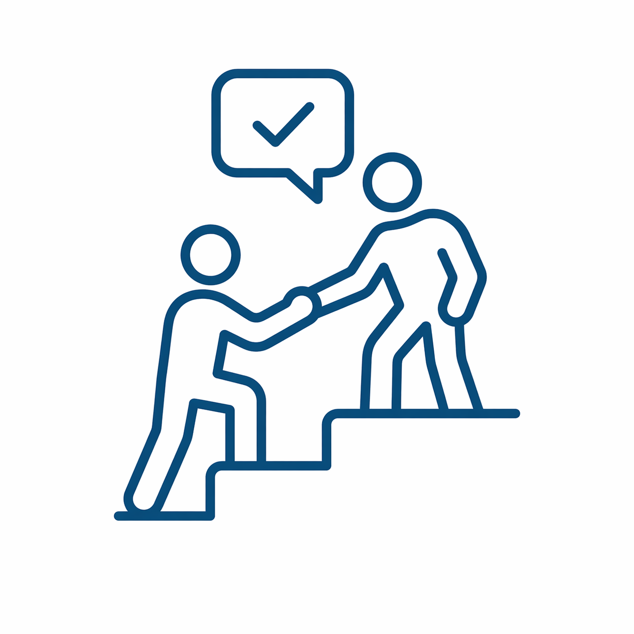 Outline drawing of two people shaking hands, one on a higher step, with a speech bubble containing a checkmark above them.