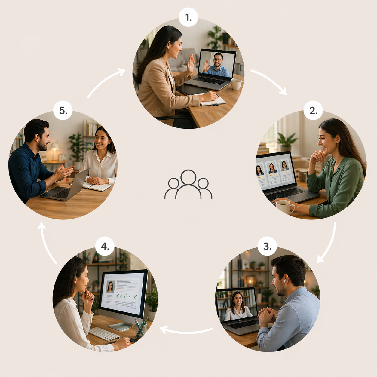 A visual diagram illustrating a virtual interview process with five steps. Step 1 shows a woman on a video call with a man. Step 2 depicts a woman reviewing candidate profiles on her laptop. Step 3 features a man talking on a video interview. Step 4 displays a woman reviewing a candidate’s profile on her desktop. Step 5 shows a man and woman having an in-person discussion, completing the cycle.