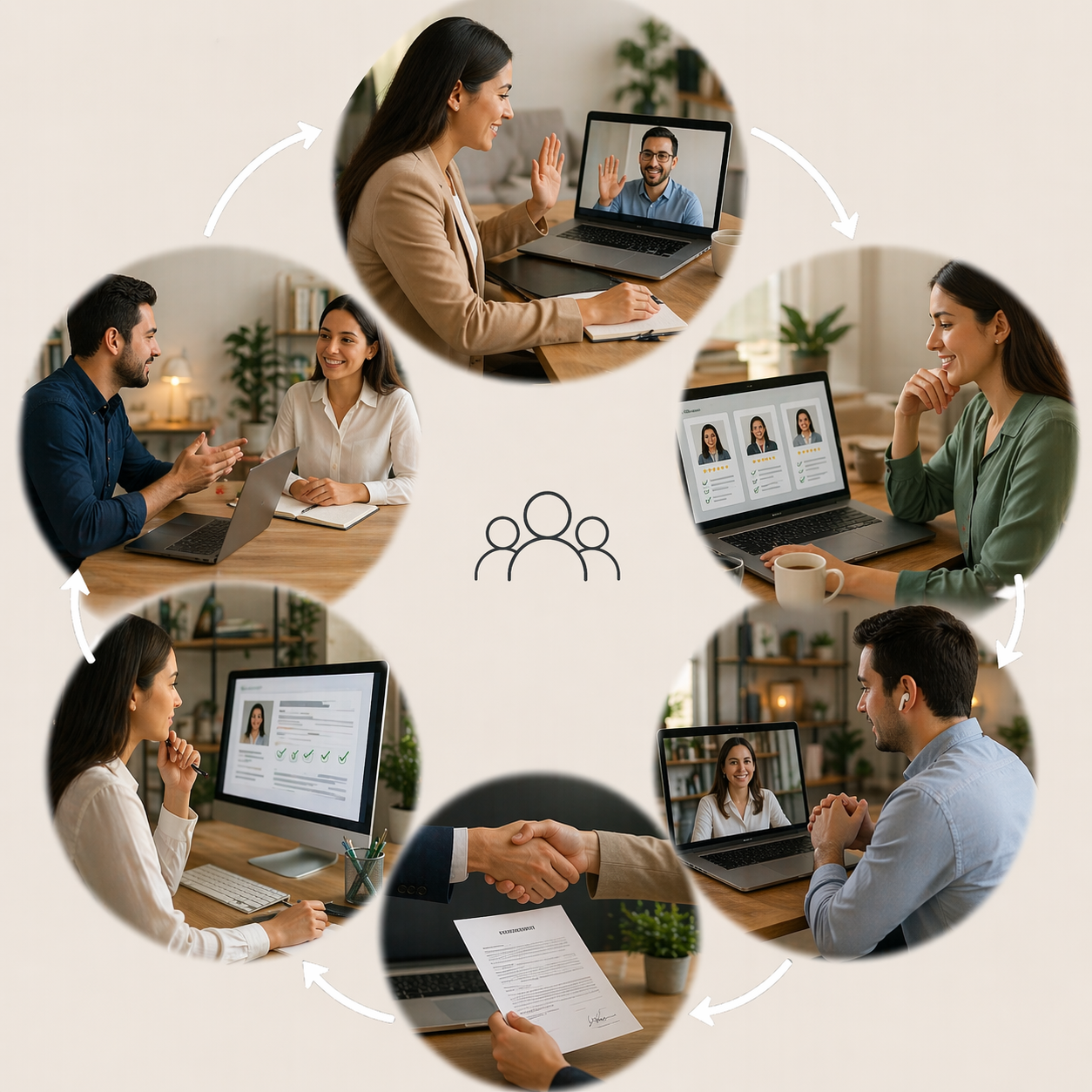 Diagram showing a remote work and interview process with images of people communicating via video calls, in person interviews, reviewing resumes, and handshake agreements.
