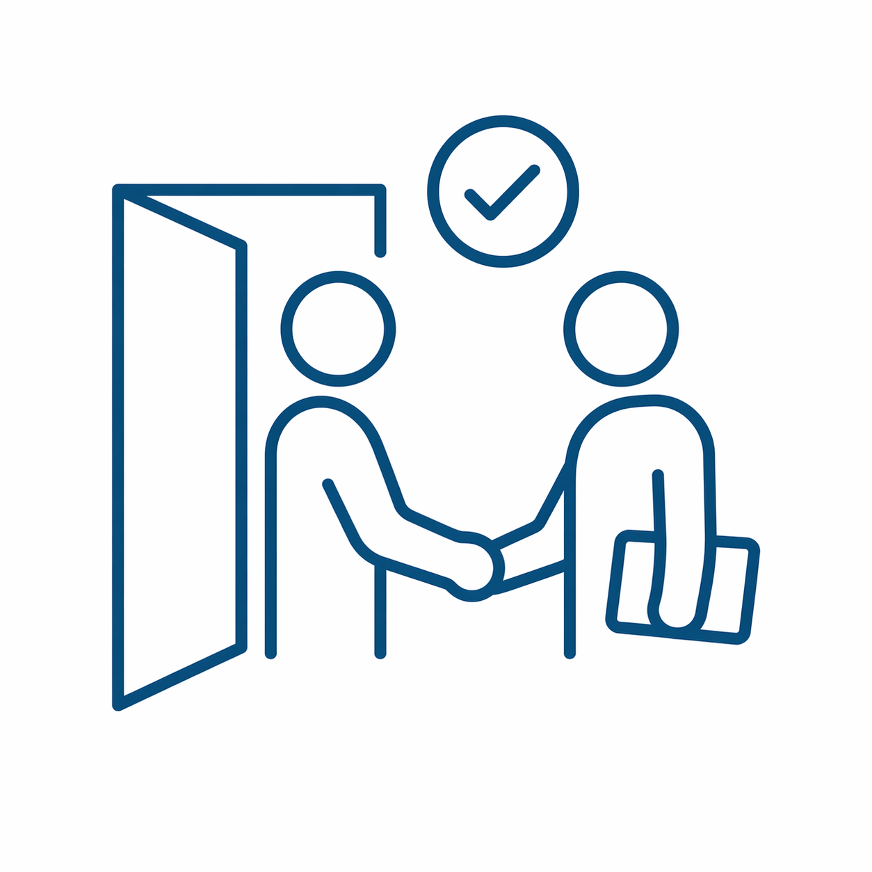 Line drawing of two people shaking hands, with a checkmark above them, and an open door behind.