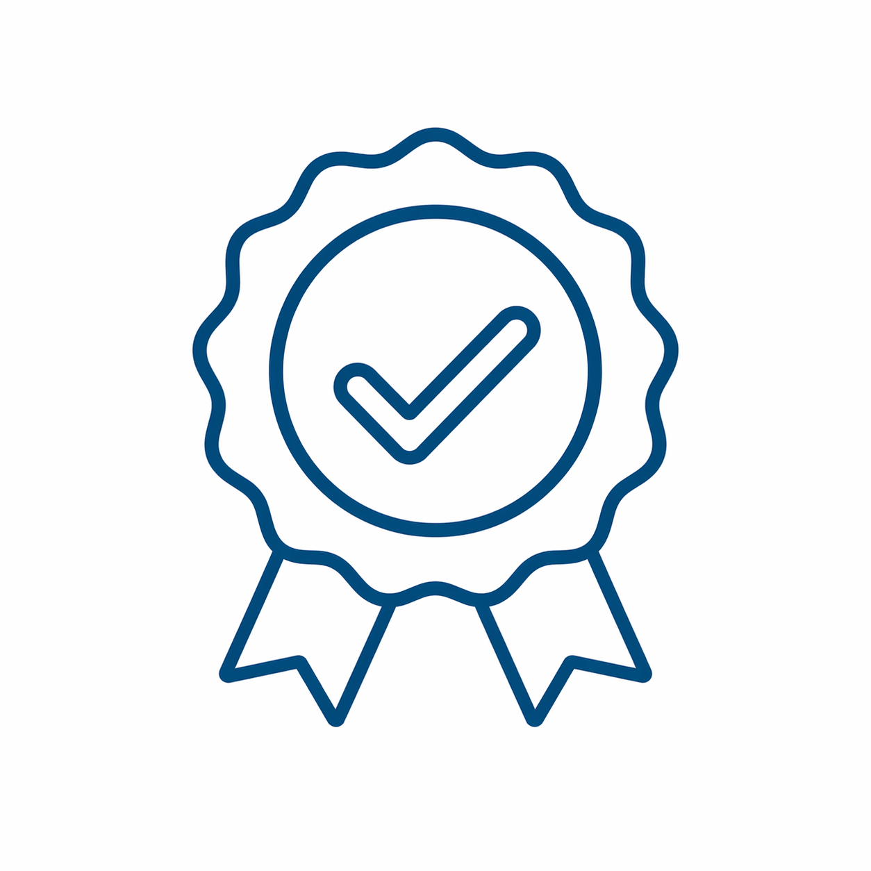 A line drawing of a ribbon or badge with a checkmark inside a circle at the center, indicating approval or certification.