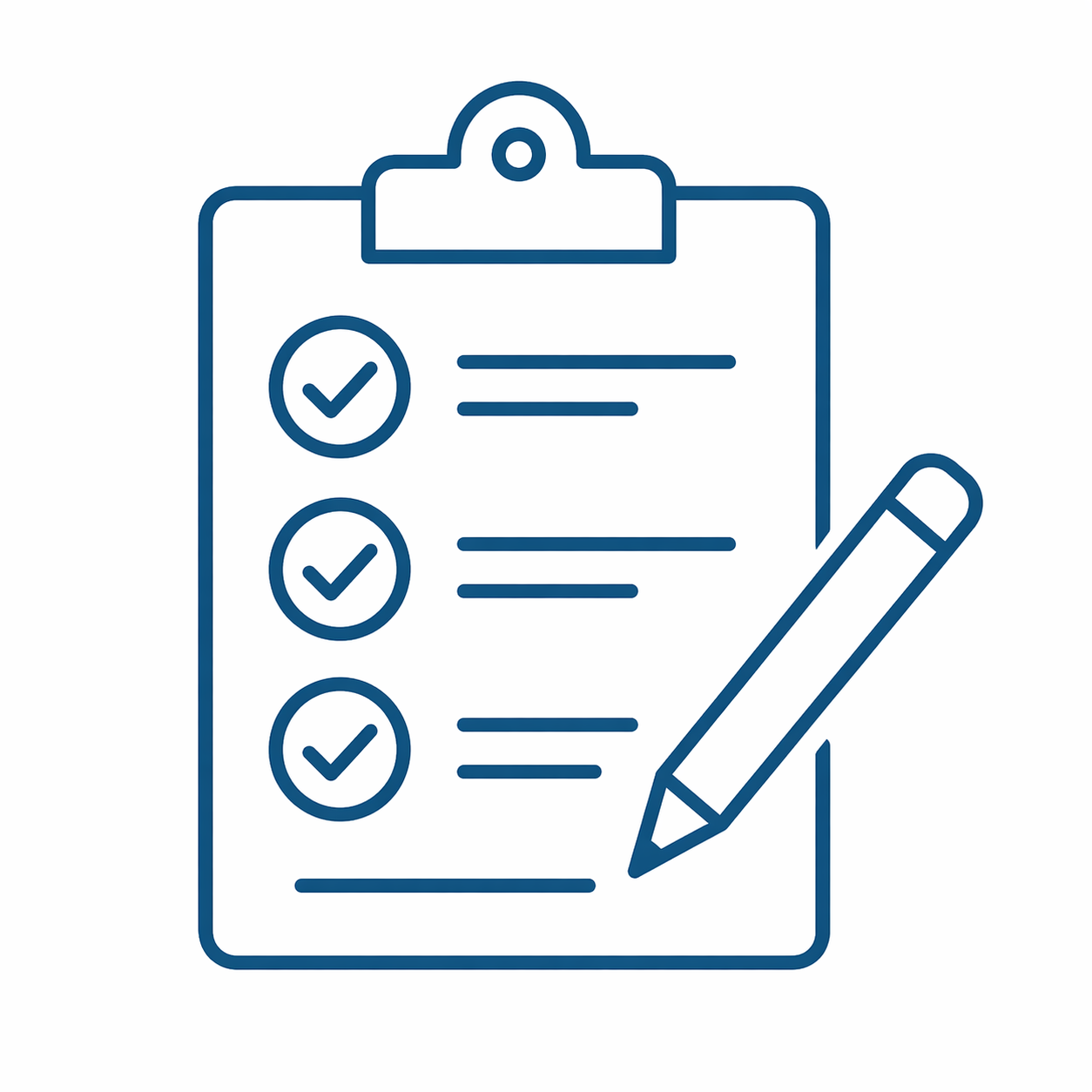 Outline of a checklist with three checked items on a clipboard, with a pen next to it.